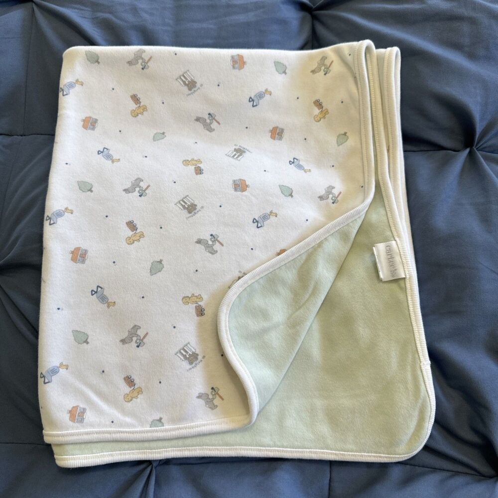 Vintage Carter’s Hi Neighbor Baby Blanket Green Bear Rabbit 25x29 Inches